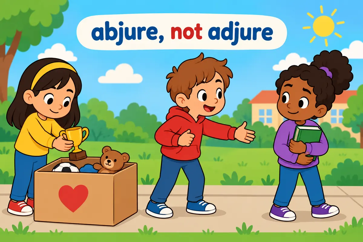 A single cartoon scene contrasts a child solemnly placing a trophy in a box with a child earnestly pointing and asking a friend.