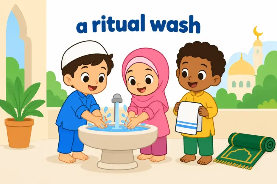 Cartoon children wash their hands at a basin before a ceremony, showing ablution in a sentence as a ritual washing.