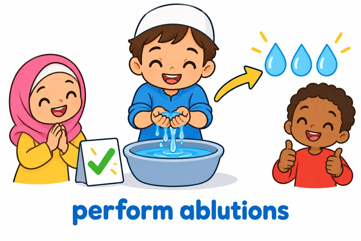 A cartoon child washes hands at a basin beside a prayer mat to show the pattern perform one’s ablutions.