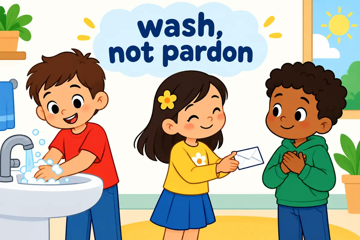 A cartoon single continuous scene contrasts a child washing at a basin with a child receiving a kind pardon from a friend.