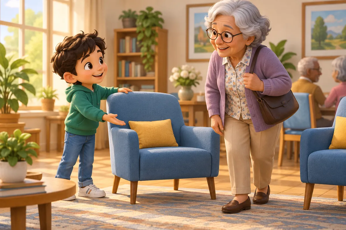 A child offers a comfortable chair to an older visitor.