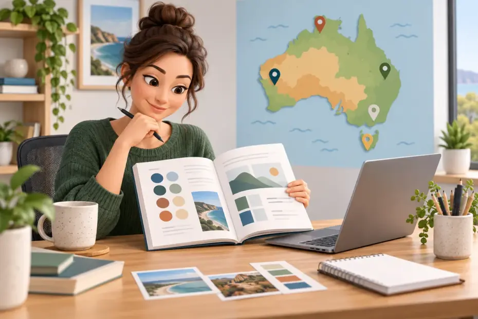 An editor reviews a style guide beside a map of Australia.