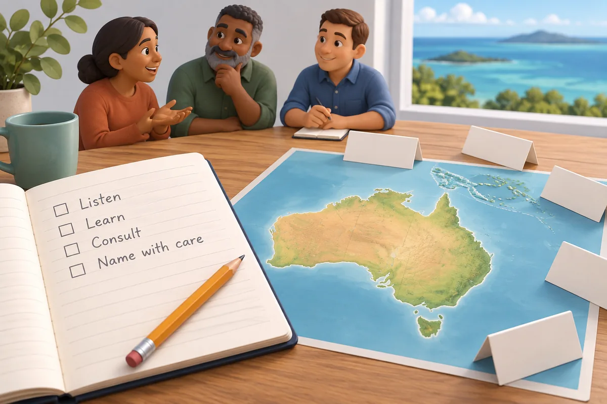 Three people discuss a map of Australia beside a notebook with consultation notes.