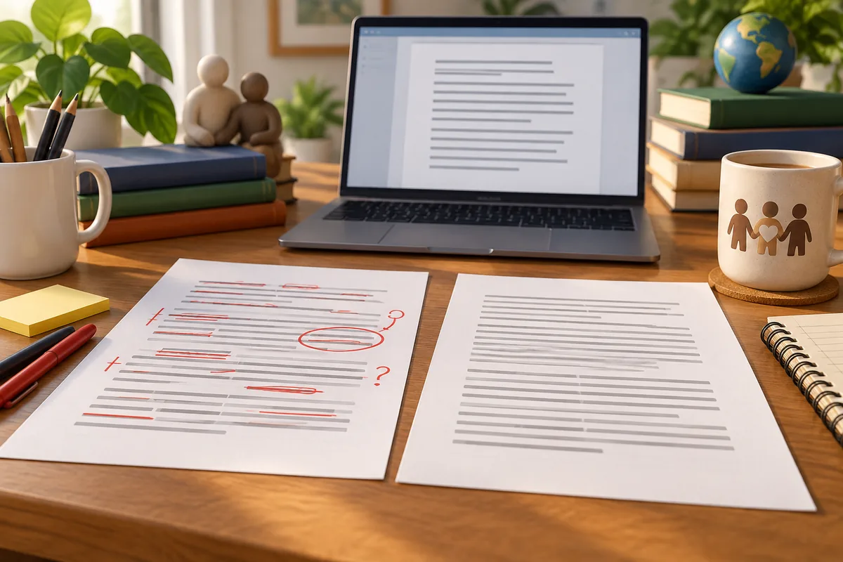 An editor compares a marked-up draft with a clean revised page.