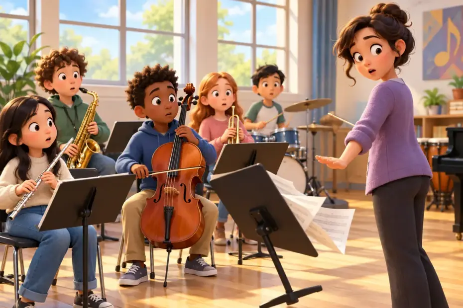A classroom music rehearsal pauses when the conductor suddenly lowers a hand.