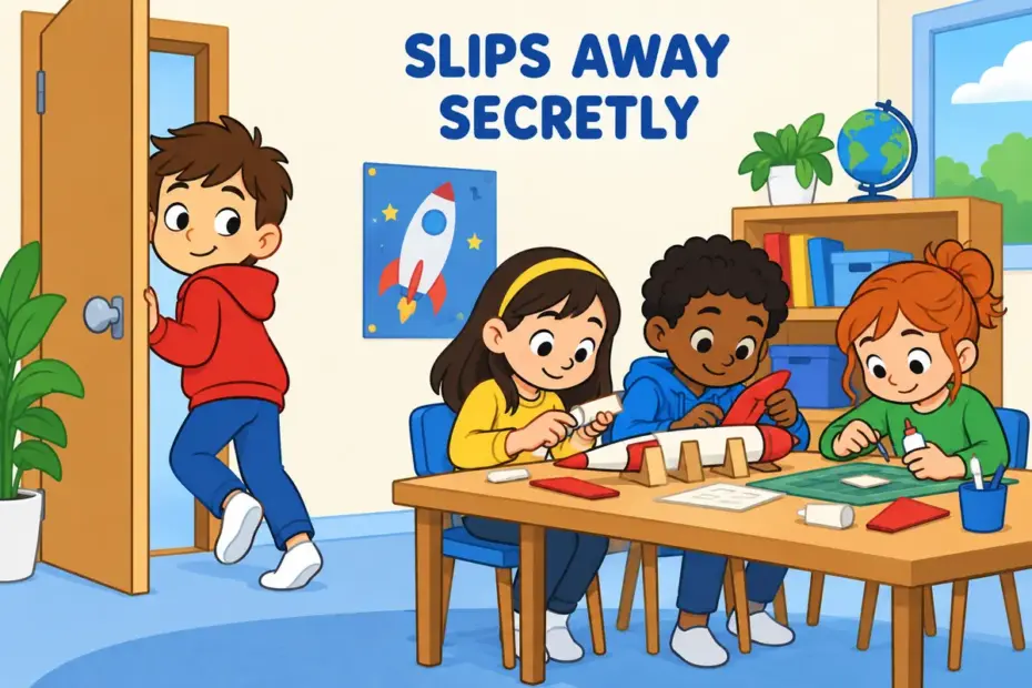 A cartoon boy tiptoes out of a clubroom door while friends work, illustrating abscond in a sentence as a secret exit.