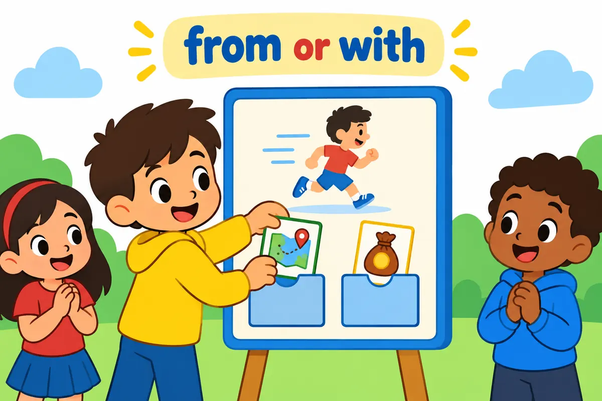 A cartoon board shows from and with slotting after the verb abscond beside a map and a coin bag.