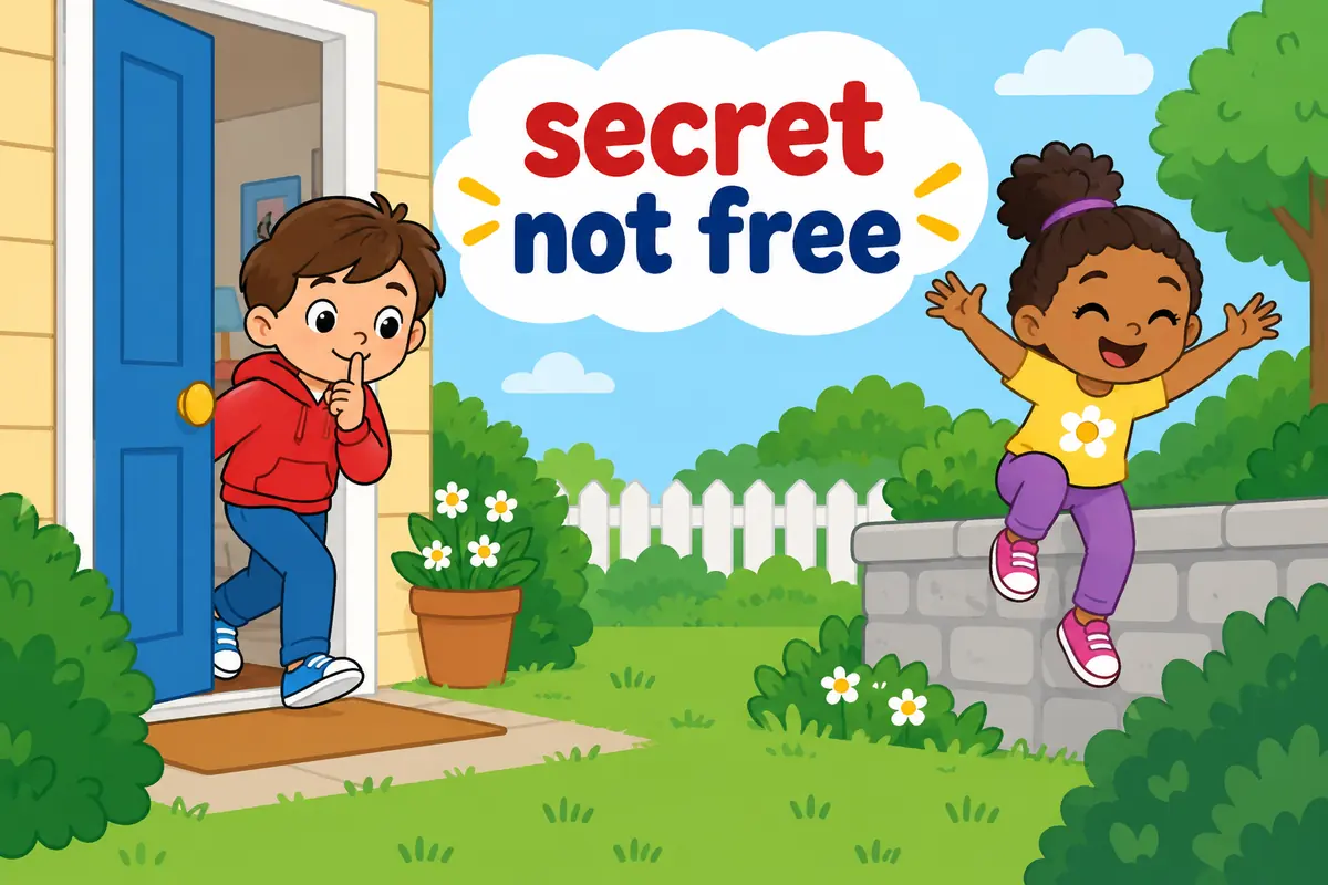 A cartoon single continuous scene contrasts a quiet tiptoe exit with a figure climbing free over a low wall.