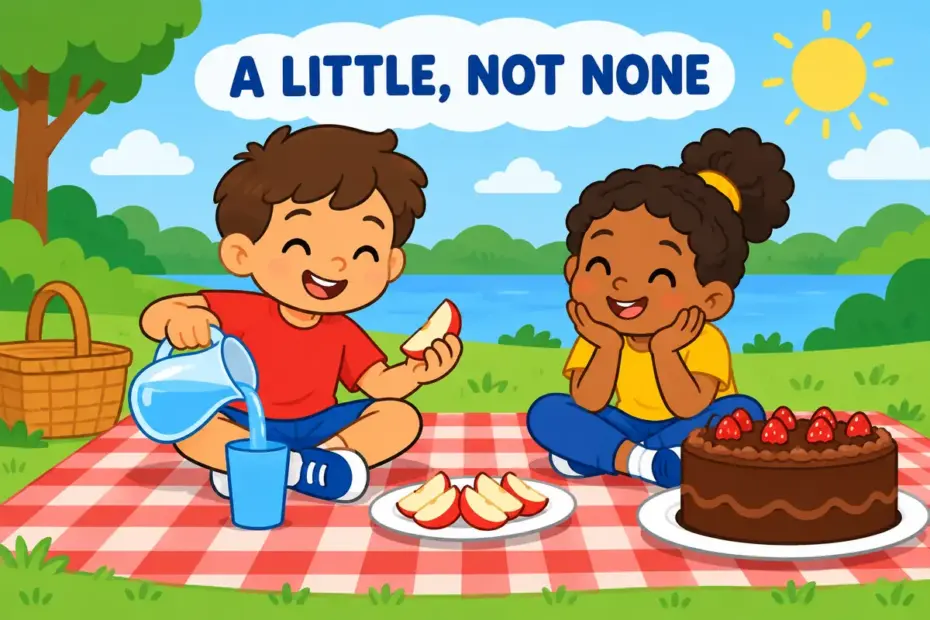 Cartoon pupils share a small fruit plate and water, illustrating abstemious in a sentence as eating and drinking in moderation.