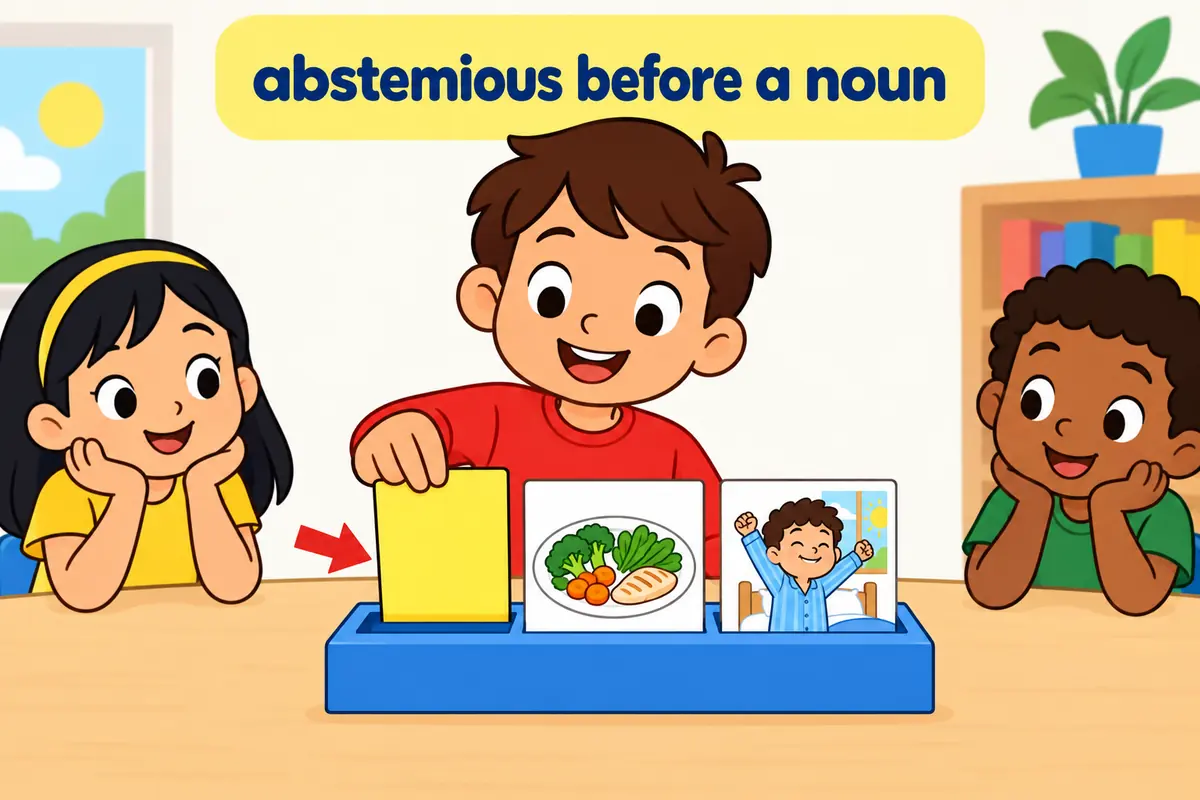Cartoon cards place the word abstemious in front of pictures of a meal and a daily routine.