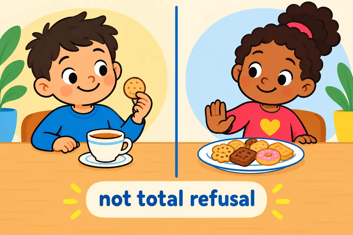 A cartoon split scene contrasts a child taking one small biscuit with a child waving all the food away.