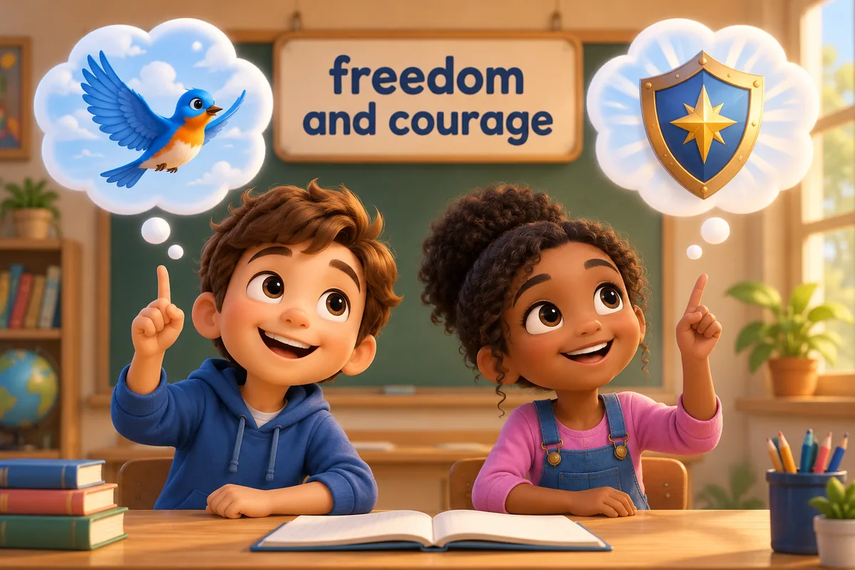 Cartoon children point to thought bubbles labelled courage and freedom, showing abstract nouns for ideas and feelings.