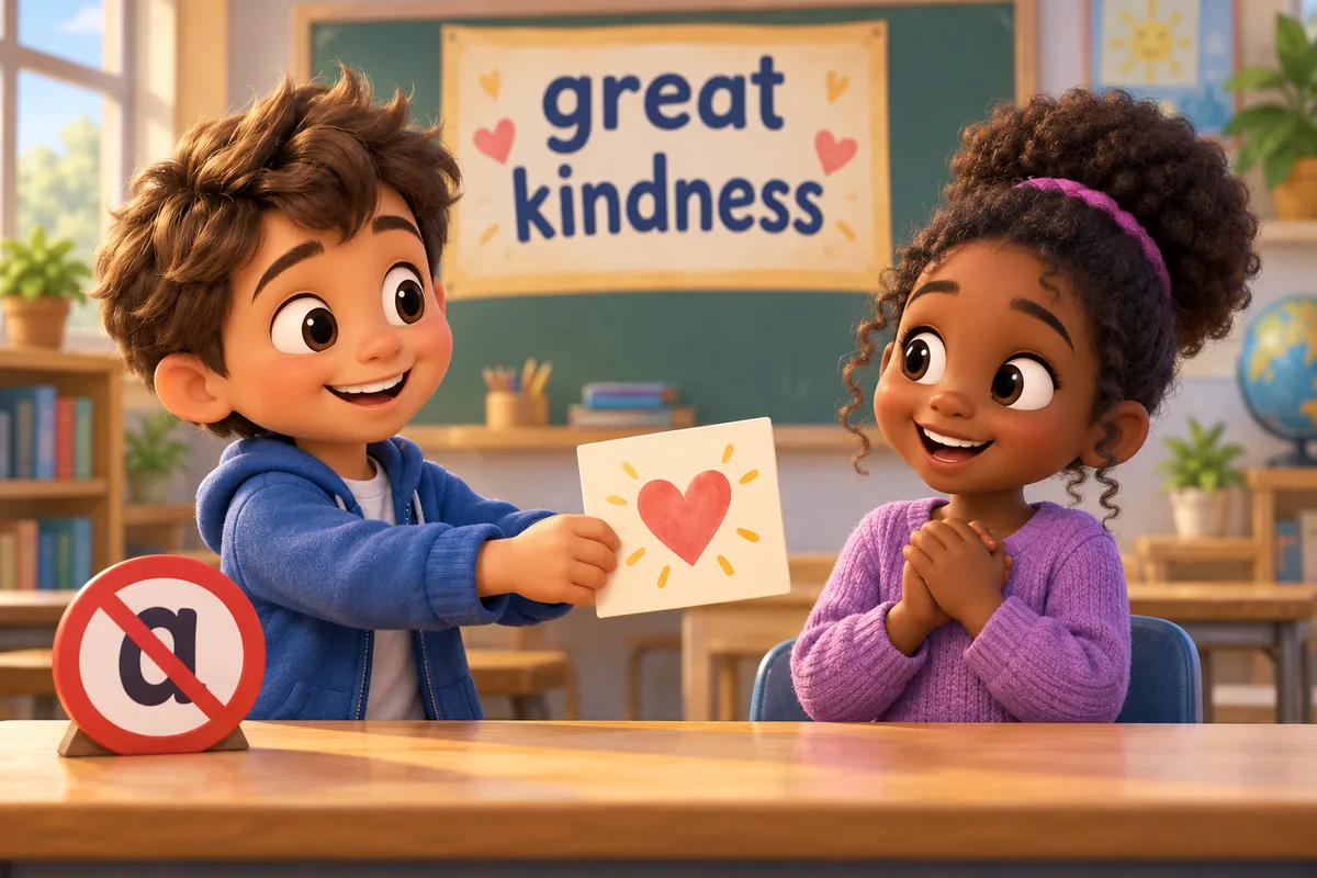 A cartoon child offers a warm card reading great kindness while a crossed out letter a floats aside.