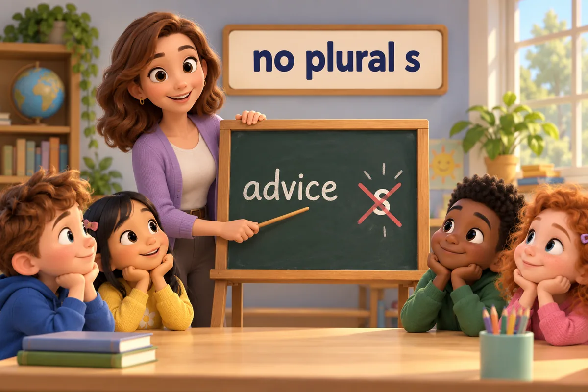 A cartoon teacher taps a board where the word advice stands without an added s.