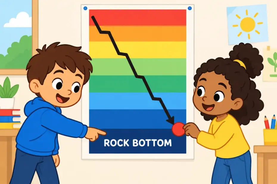 Cartoon pupils look at a scoreboard whose lowest mark is circled, illustrating abysmal in a sentence as the very bottom of a scale.