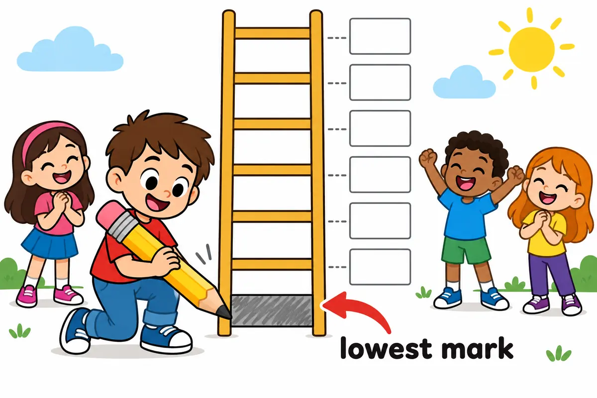 Cartoon child fills a score chart with the lowest mark and a long flat line, showing abysmal in a sentence as the bottom of a scale.