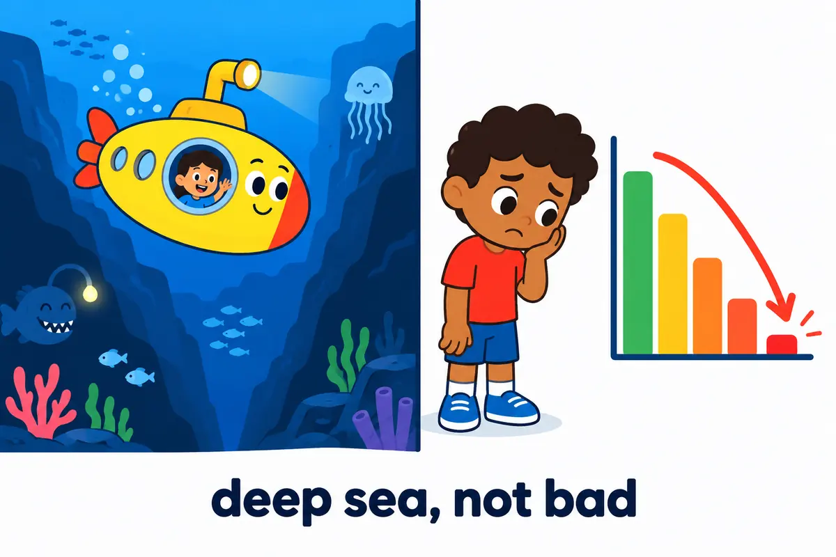 Cartoon chart contrasts a deep ocean trench labelled with one word and a very low score bar labelled with another.