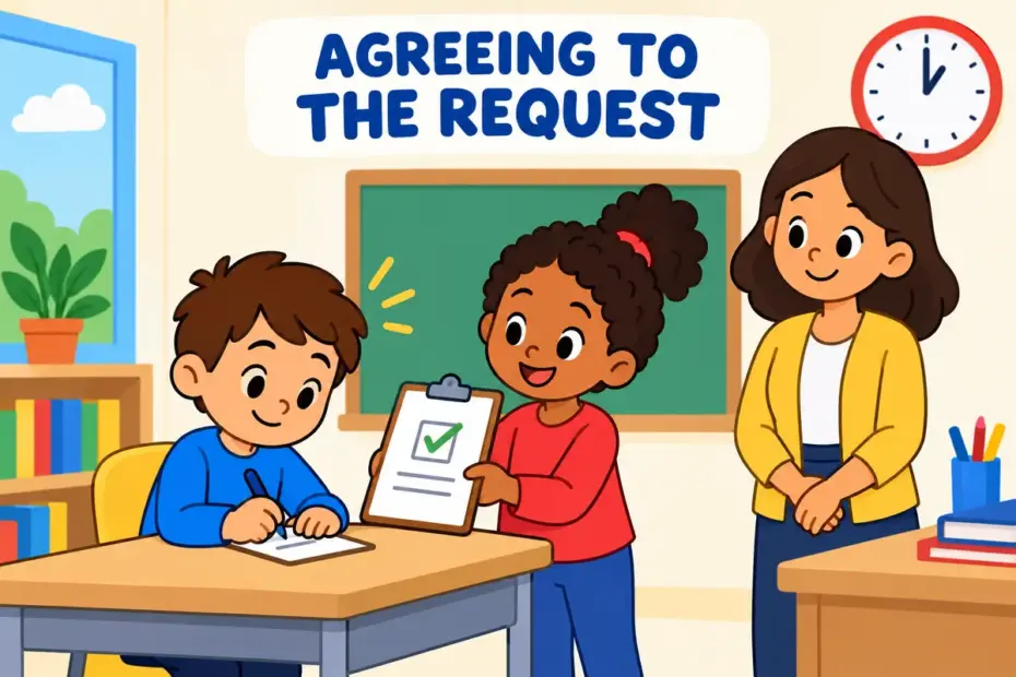 A cartoon pupil nods and signs a class agreement while a friend holds a request form, showing accede in a sentence.