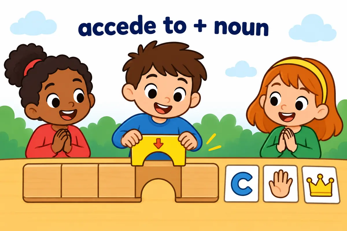 A cartoon child slots a card marked with the word to into a fixed space before cards showing a request, a demand and a throne.