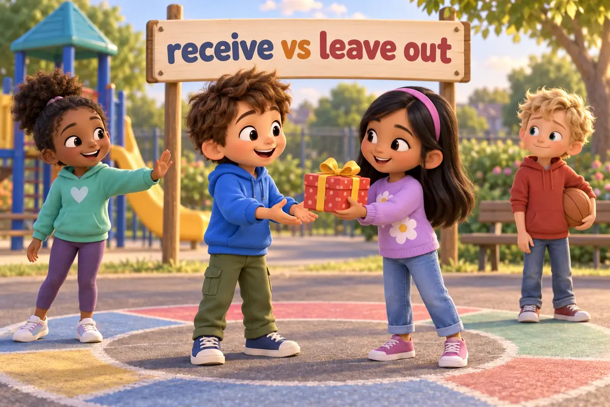Cartoon children show accept vs except: one child receives a gift while another is kindly left out of a game.