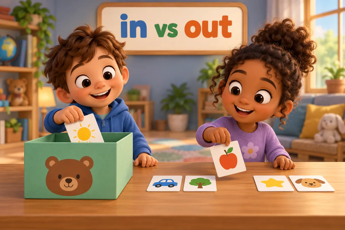 Two cartoon children sort cards, sliding one card into a box and lifting another out of a row.