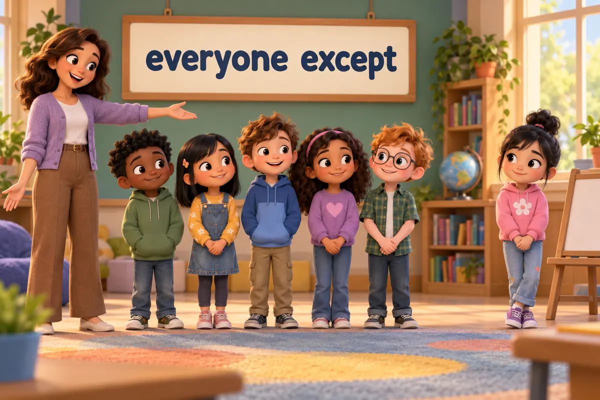 A cartoon teacher points to a class line-up where one child steps to the side.