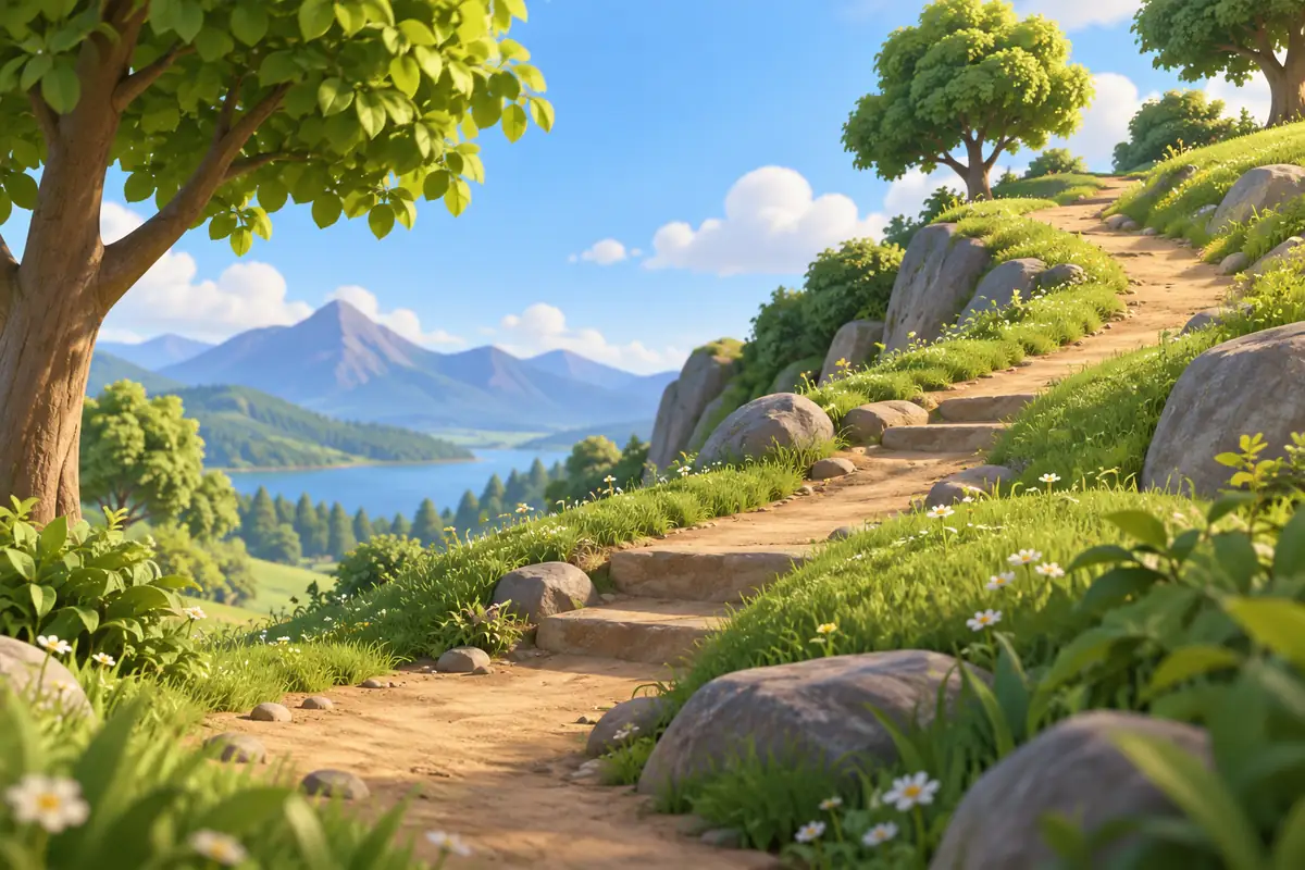 A winding footpath climbs uphill between grassy banks and trees.