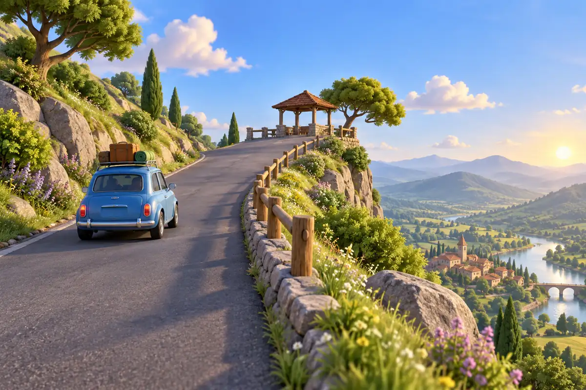 A quiet hillside road rises toward a small lookout above the valley.