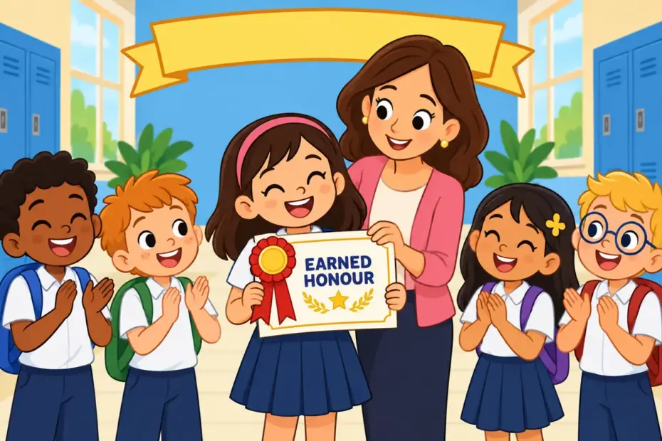 Cartoon pupils applaud as a girl receives an accolade ribbon for her science project, showing accolade in a sentence.