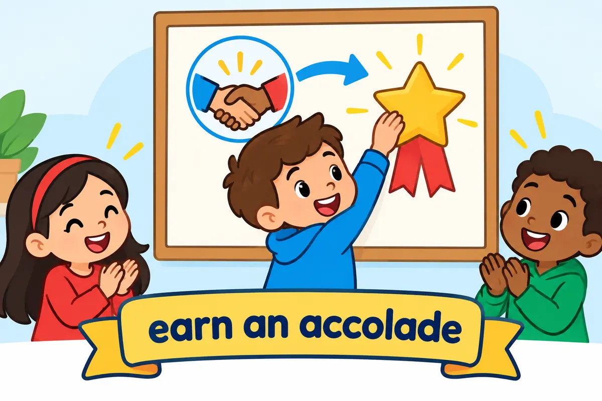A cartoon child pins a star badge onto a board beside the words earn an accolade, showing the verb pattern.