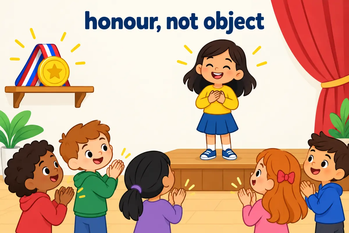 A cartoon single scene contrasts a shining medal on a shelf with a crowd clapping for a child on a stage.