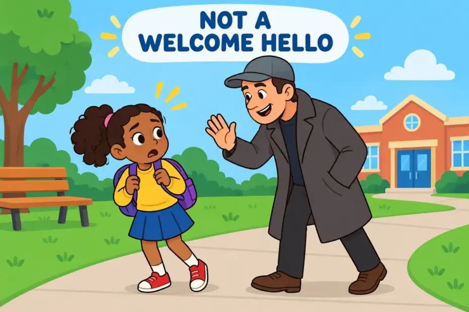 Cartoon girl pauses as a stranger steps in front of her on a school path, showing accost in a sentence as an unwelcome approach.