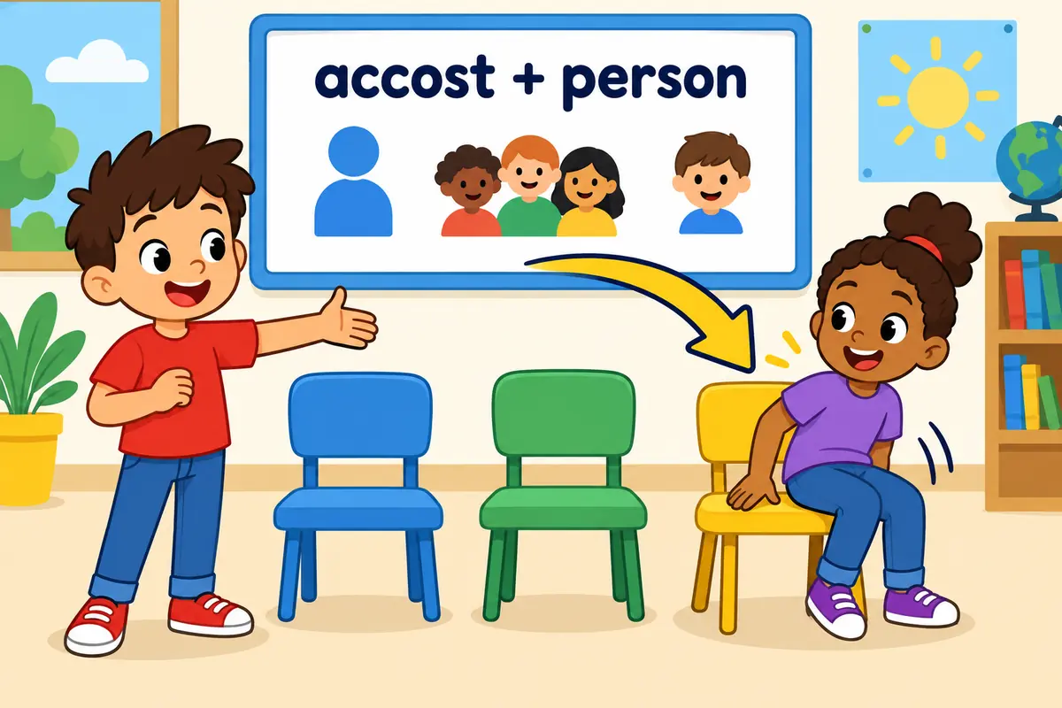 Three cartoon children take turns standing in front of a seated friend to show that accost always takes a person as its object.