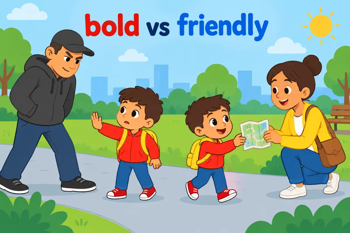 A cartoon single continuous scene contrasts a bold stranger blocking a path with a friendly helper offering a map.