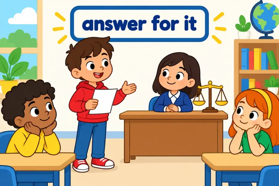 A cartoon child reports results to a seated leader, showing accountability in a sentence as being answerable.