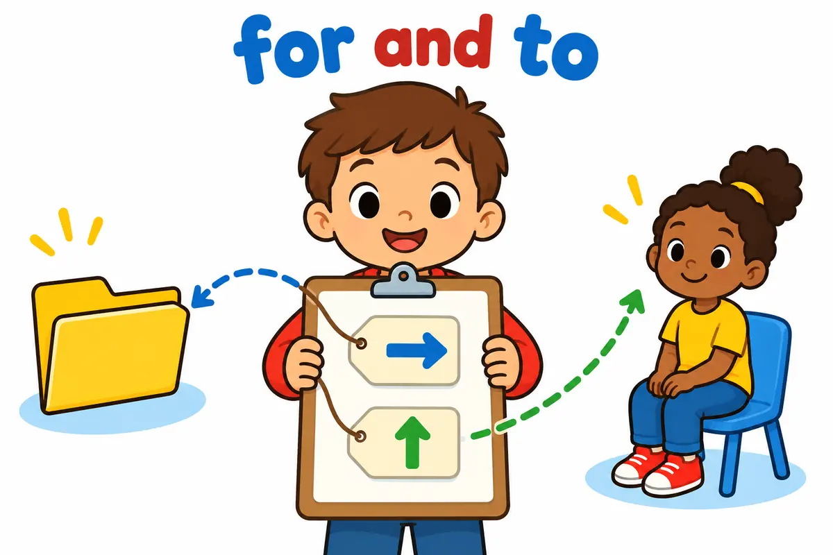 A cartoon clipboard with two arrow tags shows the two prepositions for and to beside a child reporting.