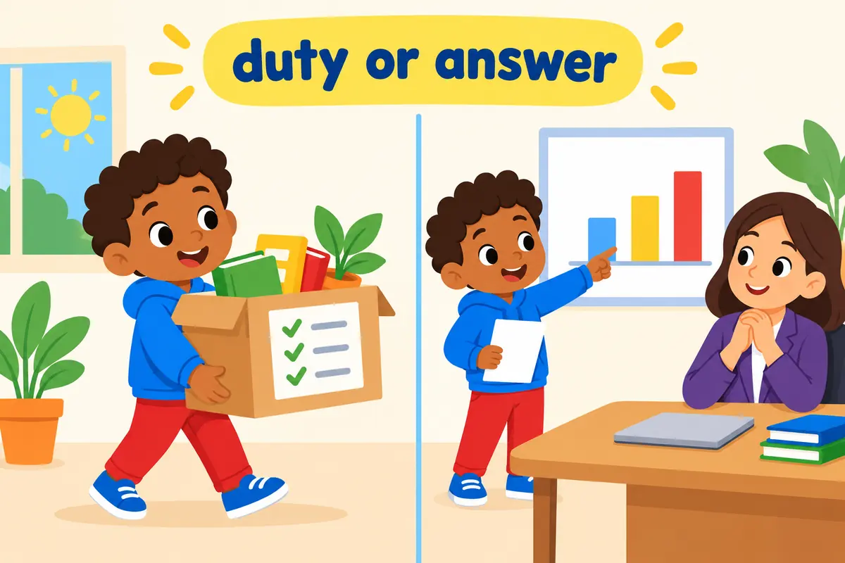 A cartoon split scene contrasts a child carrying a labelled duty box with a child reporting results to a leader.