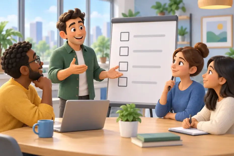 A project lead explains a completed team task to colleagues beside a simple checklist.