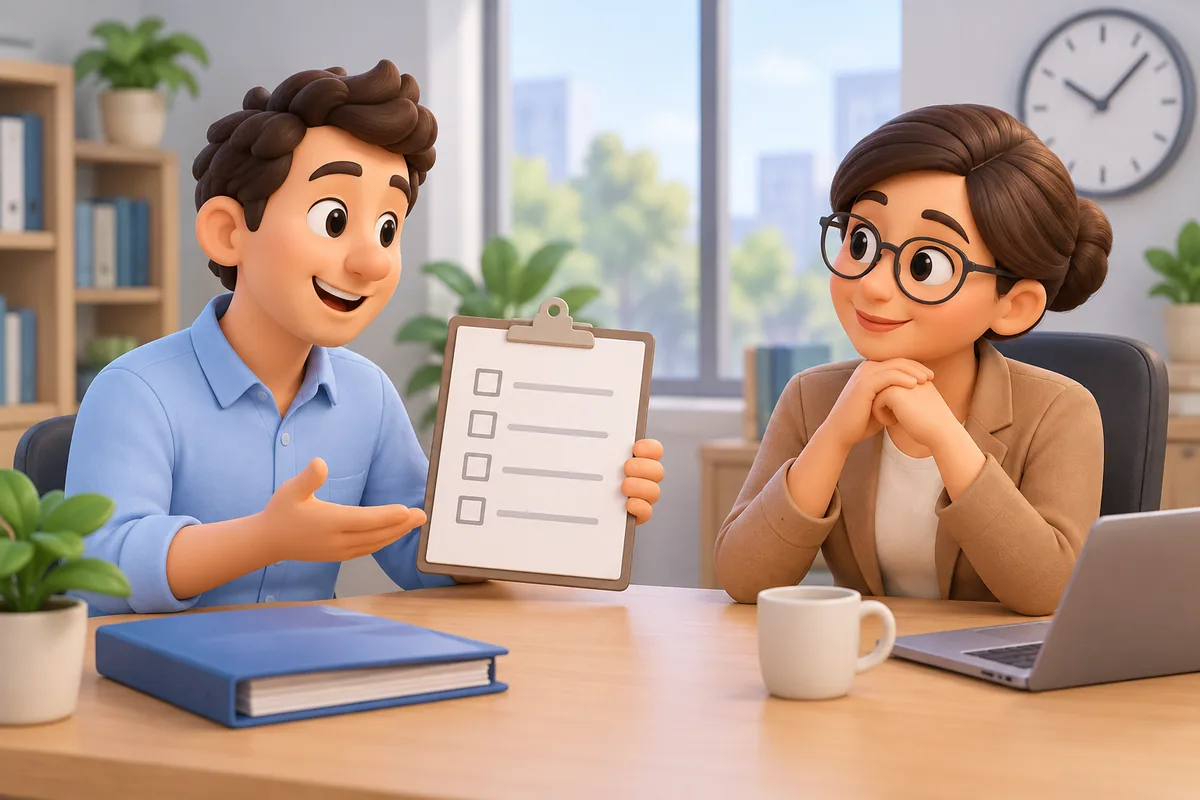 A project owner reviews a checklist with a supervisor who receives the progress update.