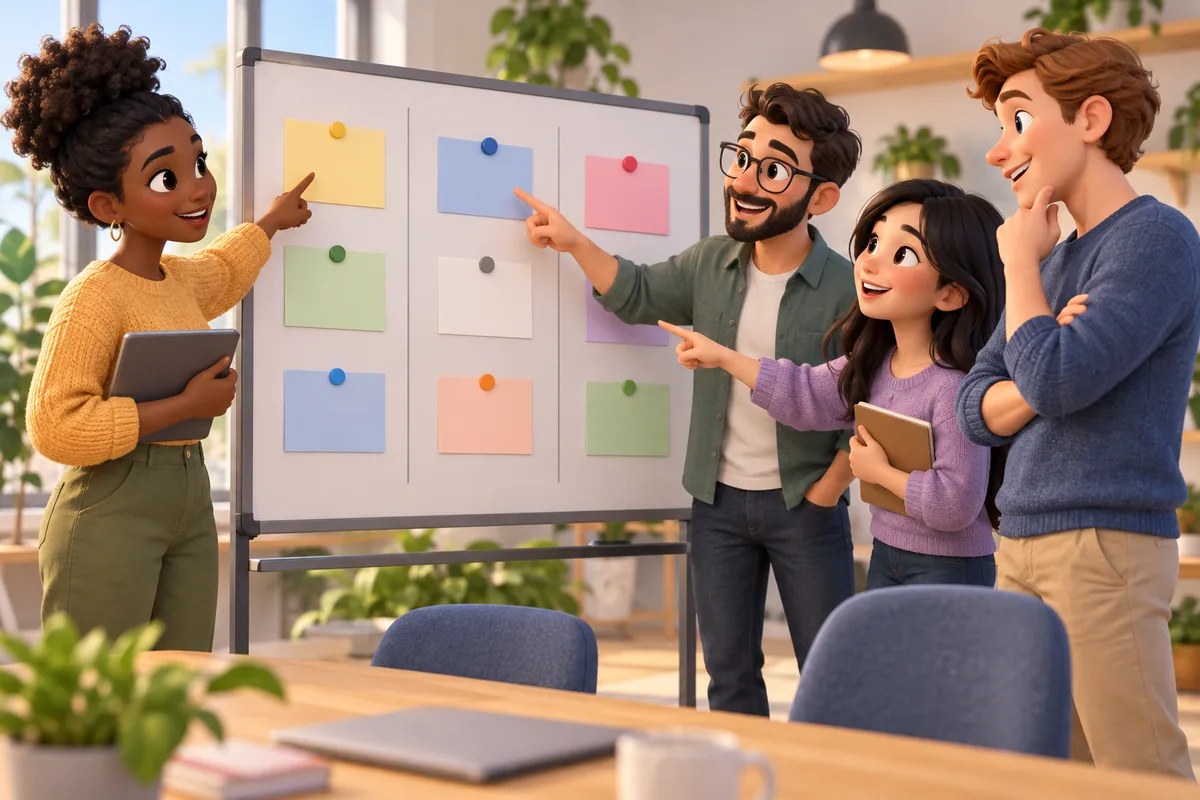 A small team reviews a completed task board and discusses who owns the next steps.