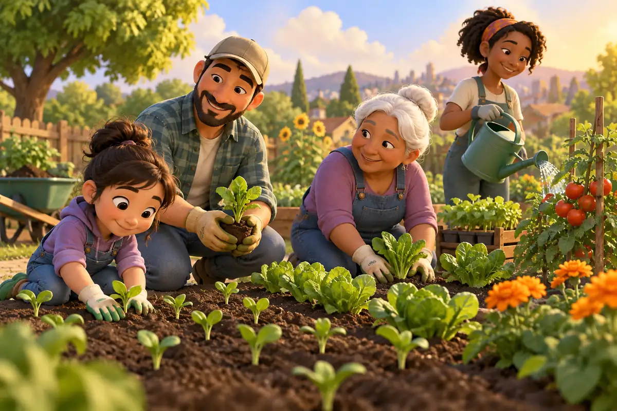 A community team works together in a garden.