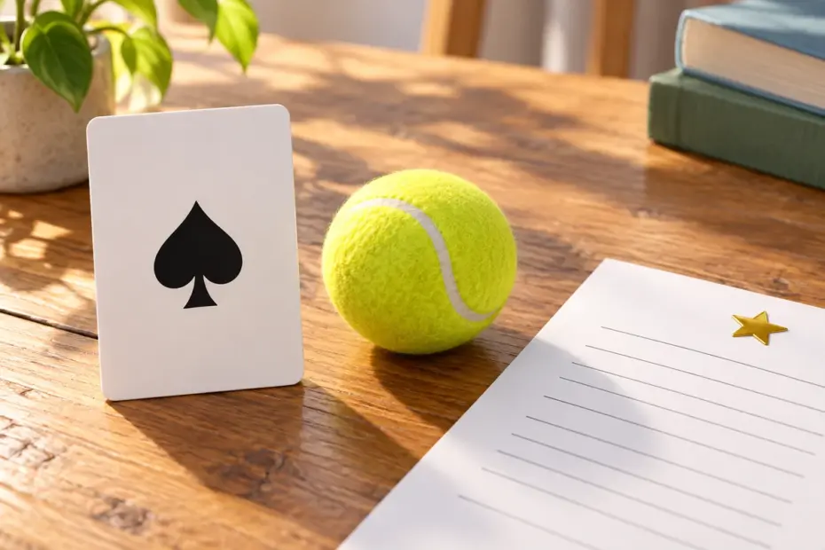 An ace playing card sits beside a tennis ball and a completed exam paper.