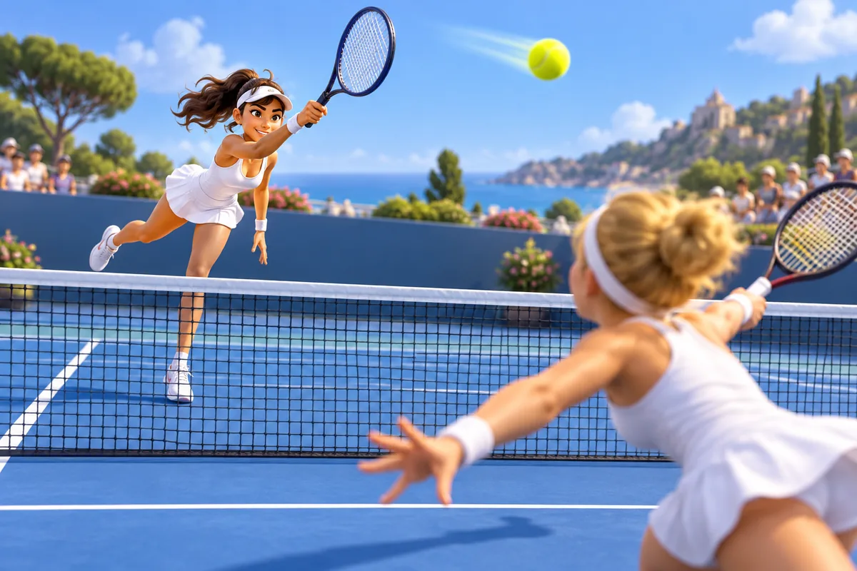 A tennis player serves a fast ball past an opponent on a blue court.