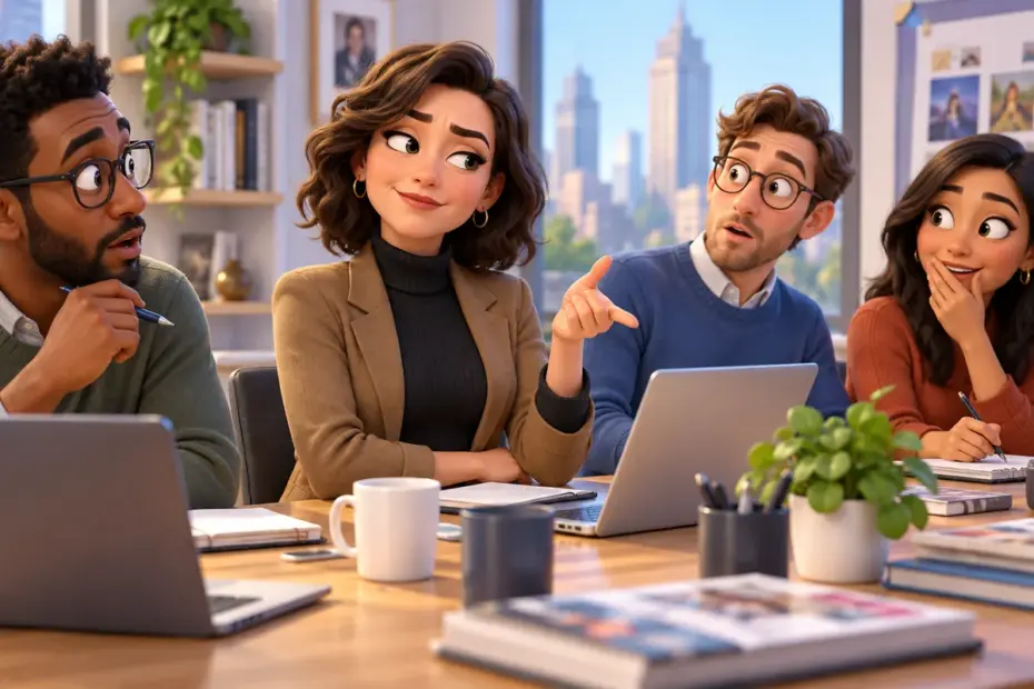 Coworkers gather around a conference table as one person gestures.