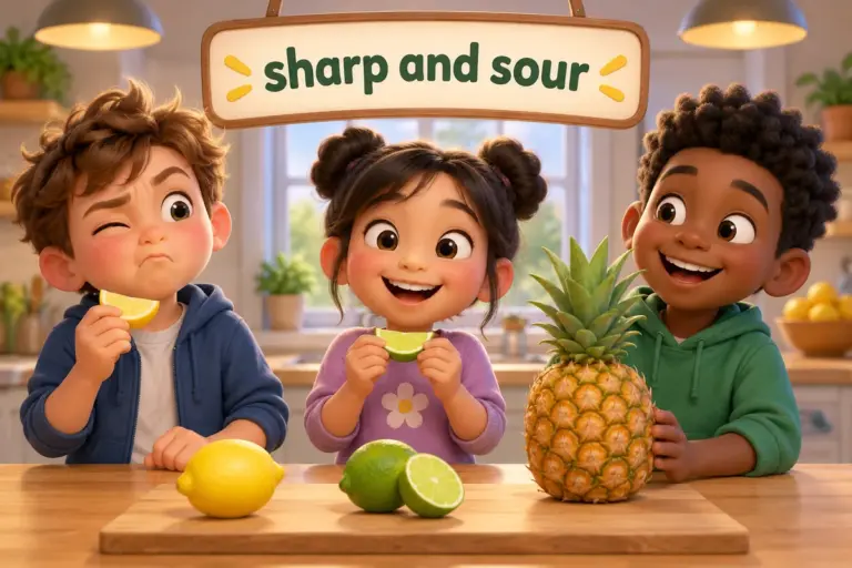 Cartoon children pick acidic fruits name with pictures items, from a lemon to a pineapple, in a bright kitchen.