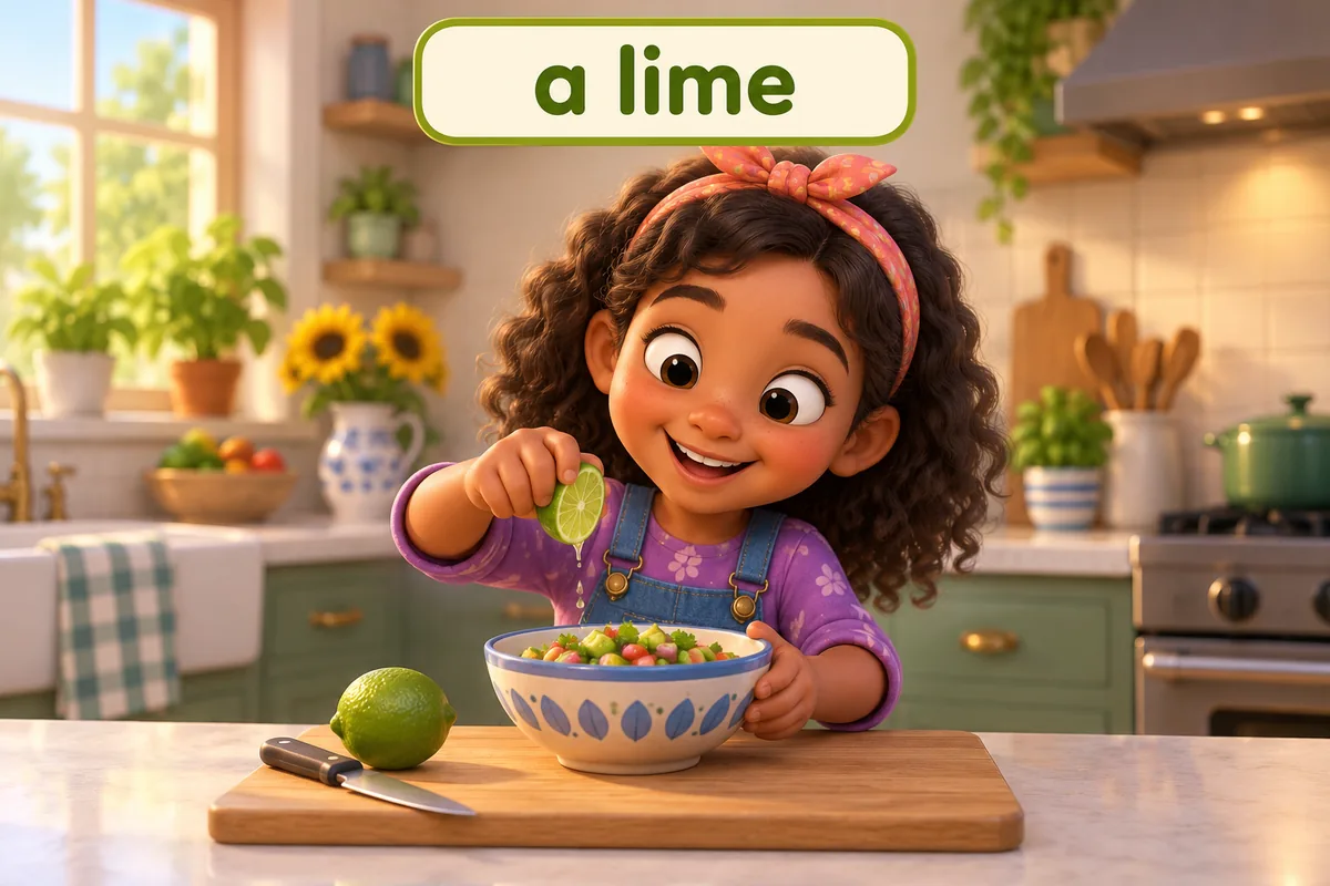A cartoon child halves a lime over a bowl to show the singular fruit name with an article.