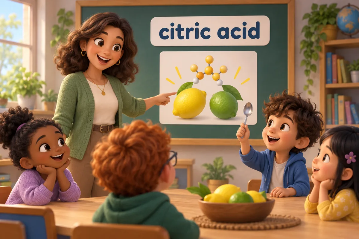 A cartoon teacher points to a lemon and a lime on a chart to show the citric acid behind the tang.