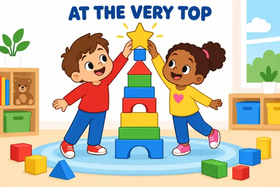 Cartoon children place a golden star at the top of a tall tower of building blocks, showing acme in a sentence as a highest stage.