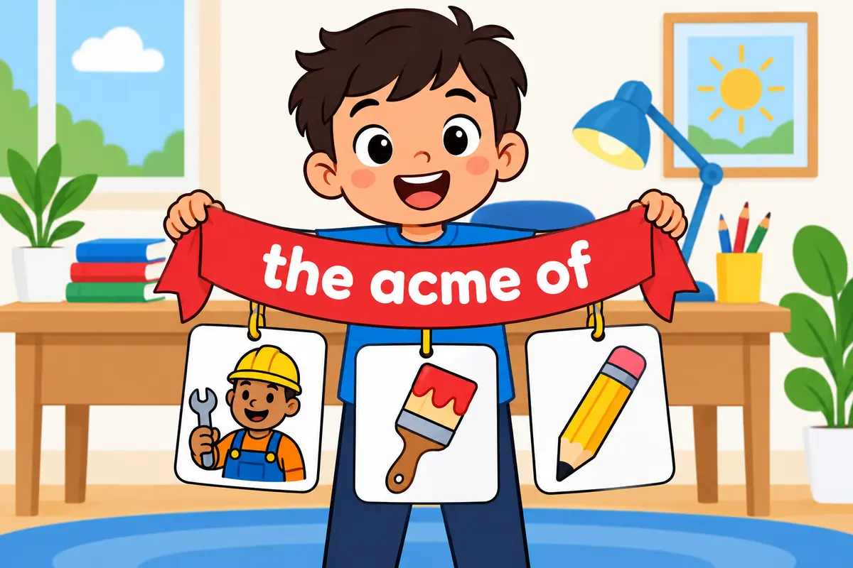 A cartoon banner shows the words the acme of on a ribbon, with picture cards for career, craft and style hanging from it.