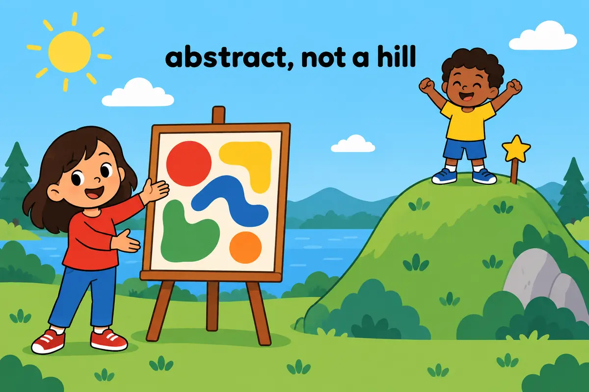 A cartoon single scene contrasts a child praising a painting with a child standing on a real rocky mountain summit.